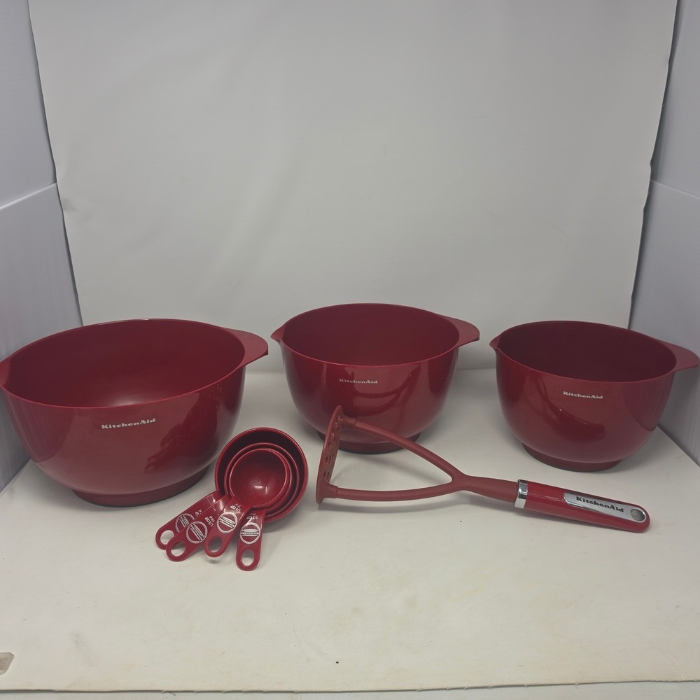 KitchenAid 8pc Empire Red Mixing Bowls Measuring Cups and Potato Masher Set